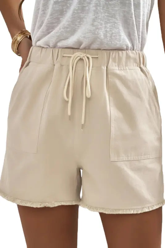 Khaki solid color drawstring frayed hem pocketed shorts