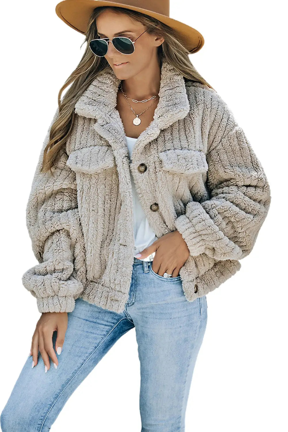Khaki solid color plush fleece button up jacket - jackets