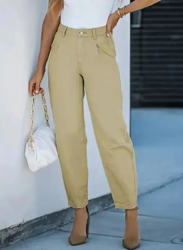 Khaki Solid High Waist Casual Pants - Fashionfitz