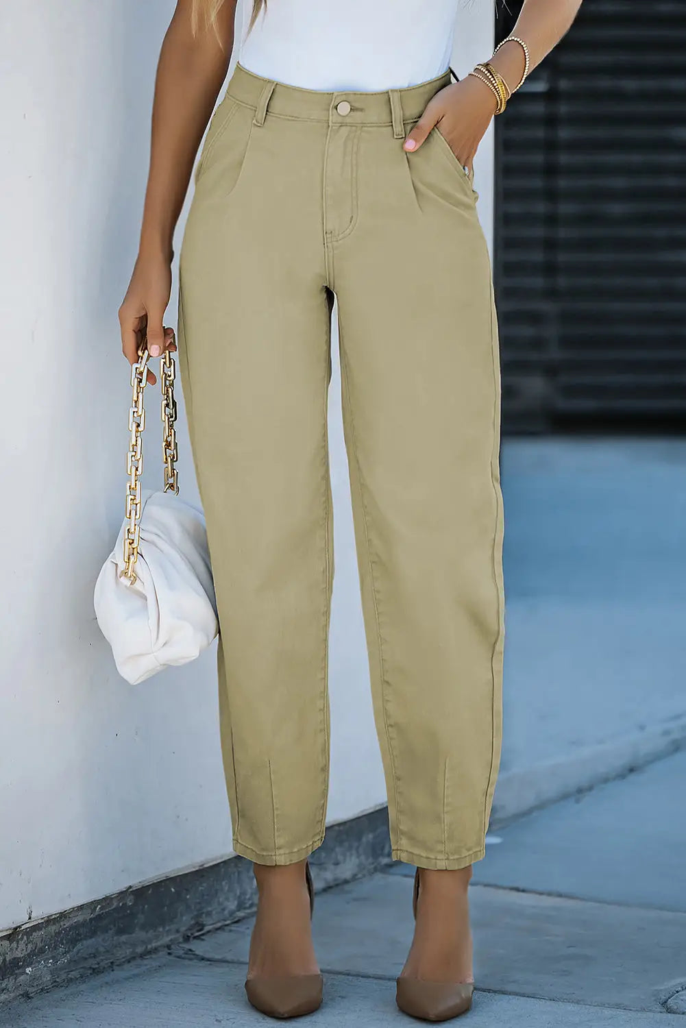 Khaki solid high waist casual pants - 4 / 98% cotton + 2% elastane - cargo