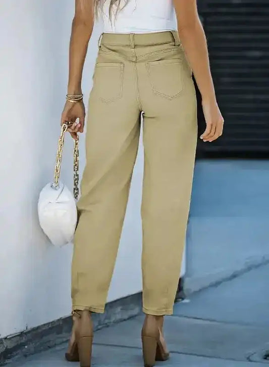 Khaki Solid High Waist Casual Pants - Fashionfitz