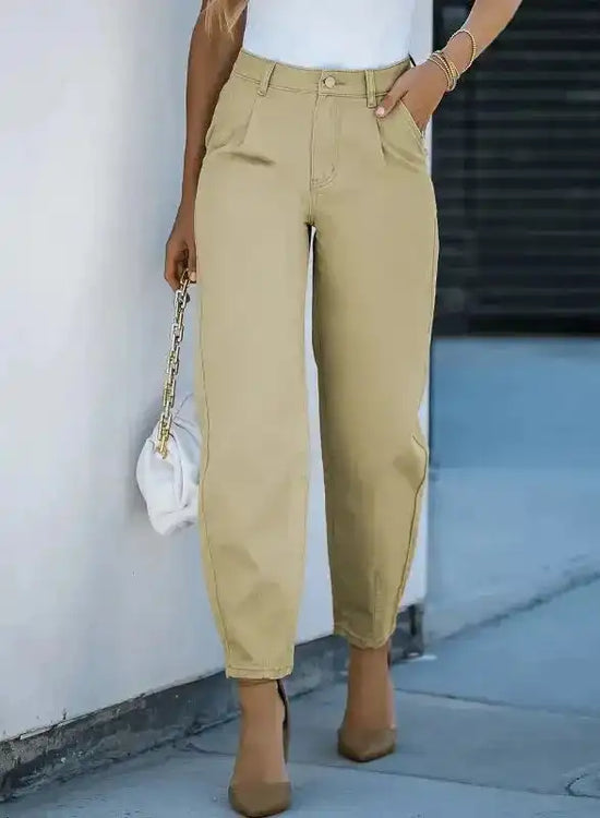 Khaki Solid High Waist Casual Pants - Fashionfitz