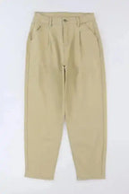 Khaki Solid High Waist Casual Pants - Fashionfitz