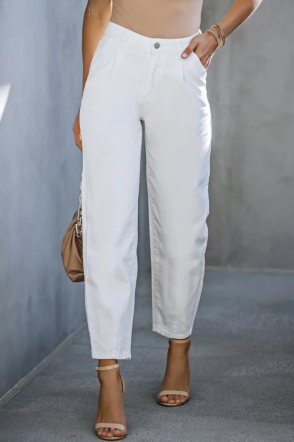 Khaki solid high waist casual pants - white / 6 / 98% cotton + 2% elastane - cargo