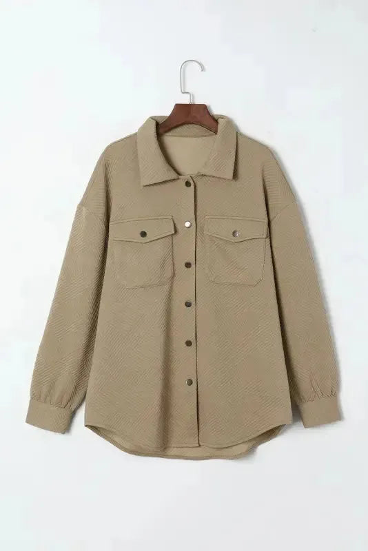 Khaki Solid Textured Flap Pocket Buttoned Shacket - Fashionfitz