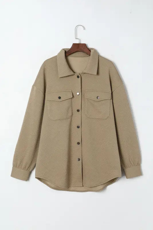 Khaki solid textured flap pocket buttoned shacket - sweaters & cardigans