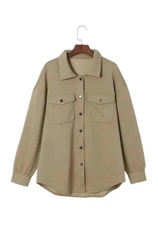 Khaki Solid Textured Flap Pocket Buttoned Shacket - Fashionfitz