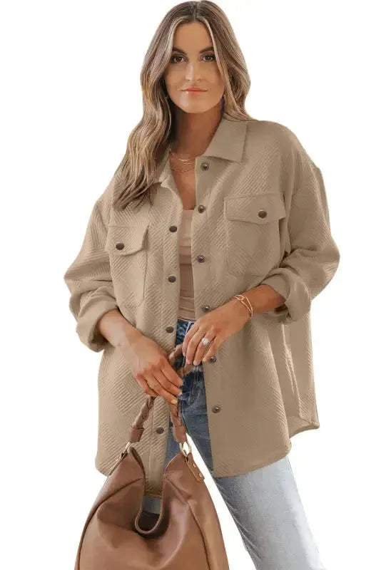 Khaki Solid Textured Flap Pocket Buttoned Shacket - Fashionfitz