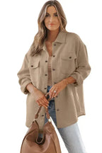 Khaki Solid Textured Flap Pocket Buttoned Shacket - Fashionfitz