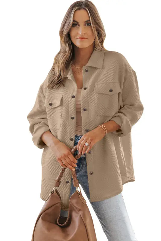 Khaki solid textured flap pocket buttoned shacket - sweaters & cardigans