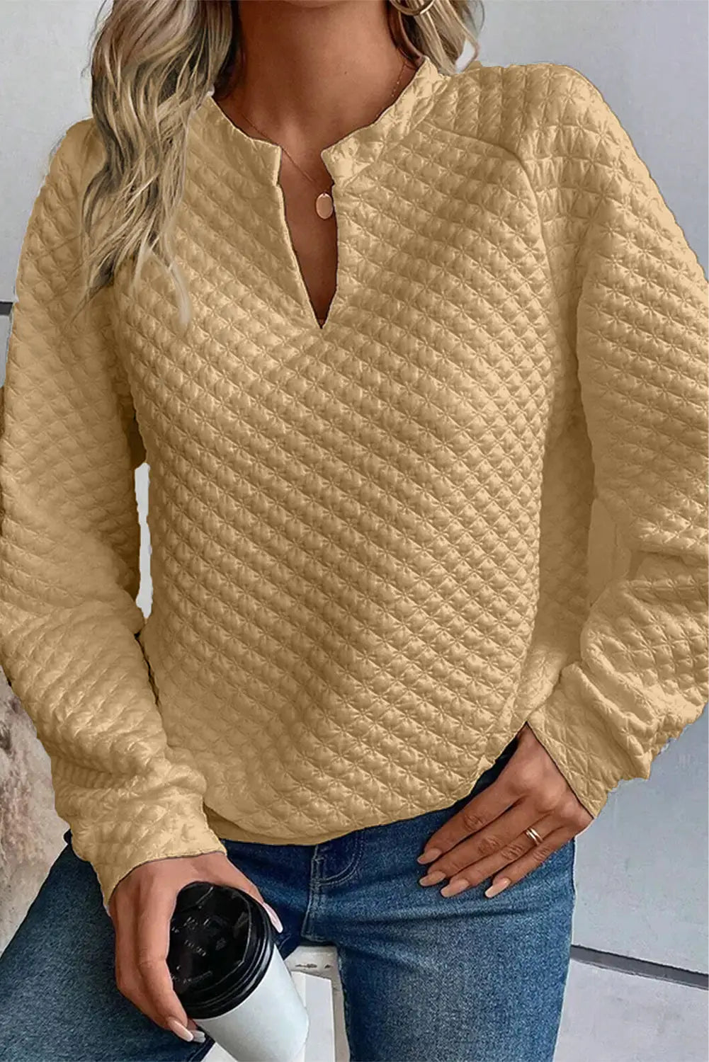 Khaki split neck quilted long sleeve top - s / 95% polyester + 5% elastane - tops