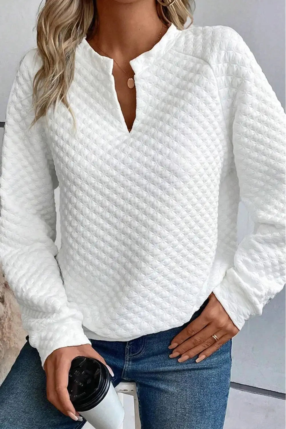 Khaki split neck quilted long sleeve top - tops