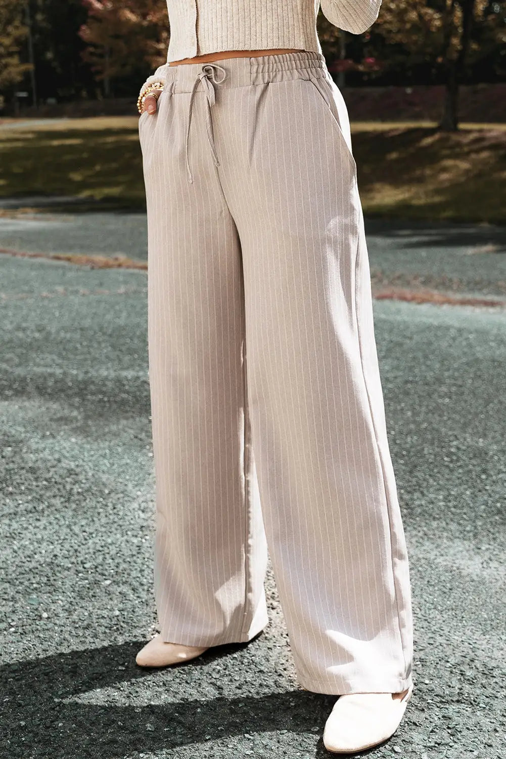 Khaki stripe casual elastic waist loose straight striped pants - wide leg