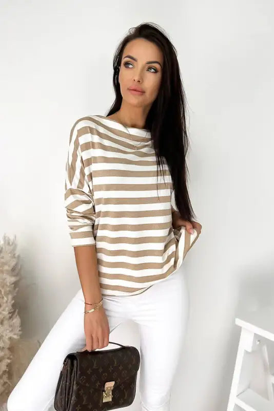 Khaki striped boat neck long sleeve top - tops