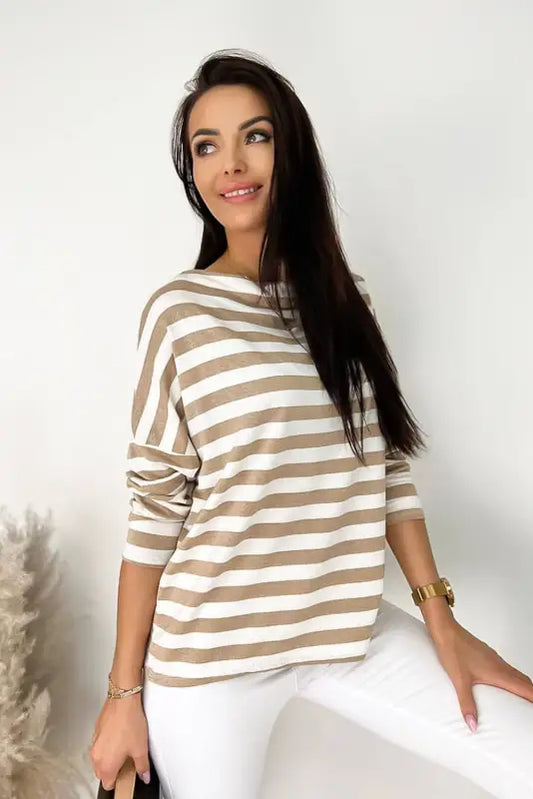 Khaki striped boat neck long sleeve top - tops