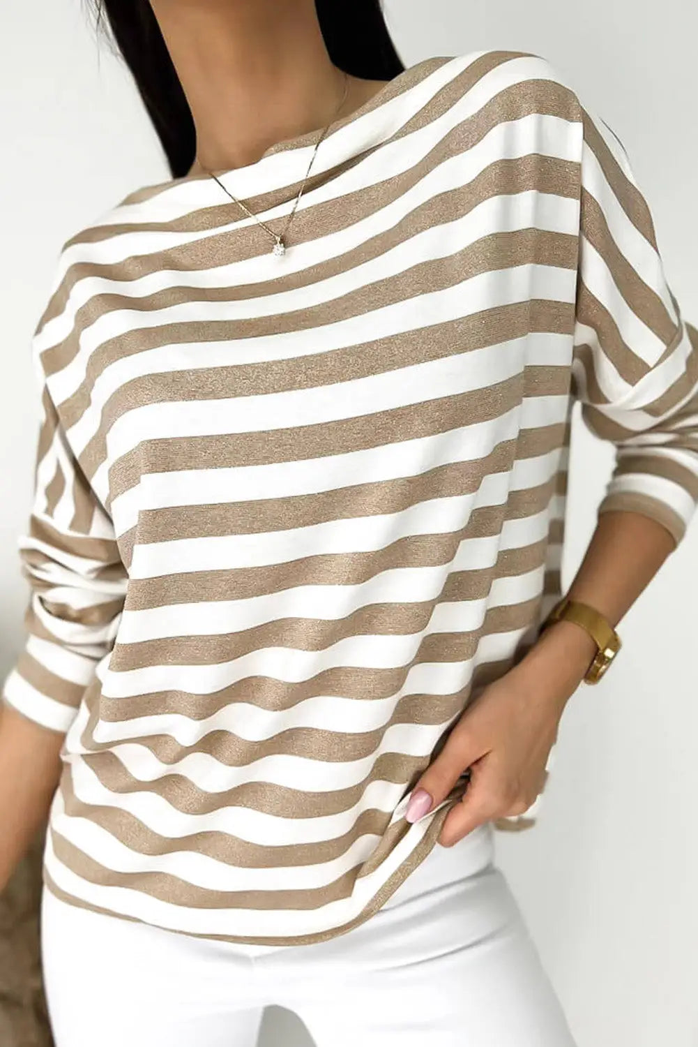 Khaki striped boat neck long sleeve top - l / 95% cotton + 5% elastane - tops