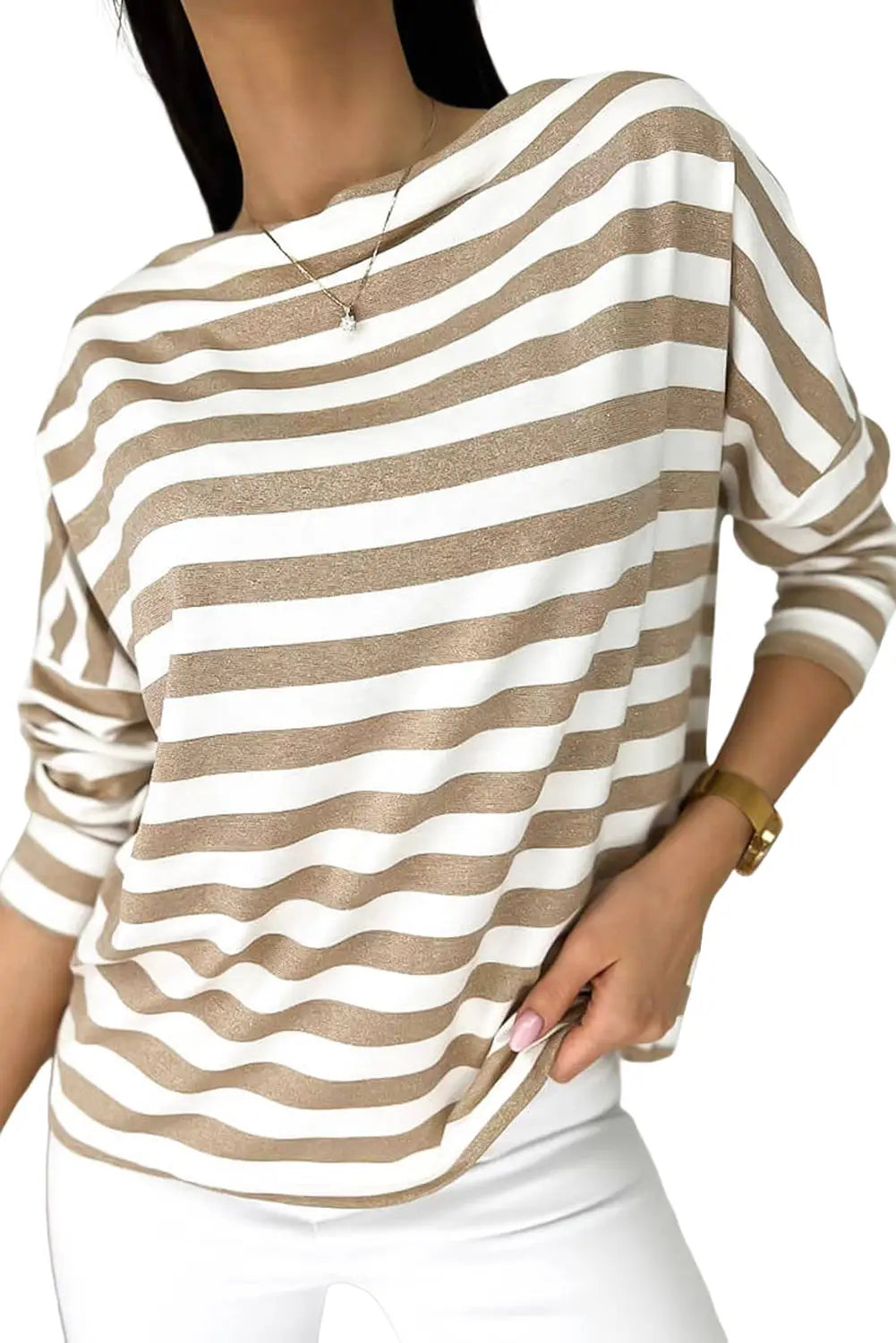 Khaki striped boat neck long sleeve top - tops