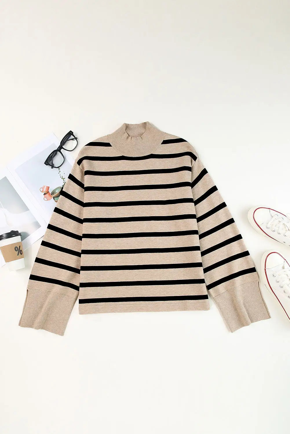 Khaki striped mock neck bell sleeve knit sweater - sweaters & cardigans