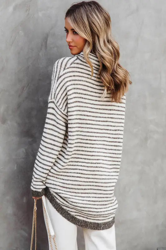 Khaki striped turtleneck loose sweater - sweaters