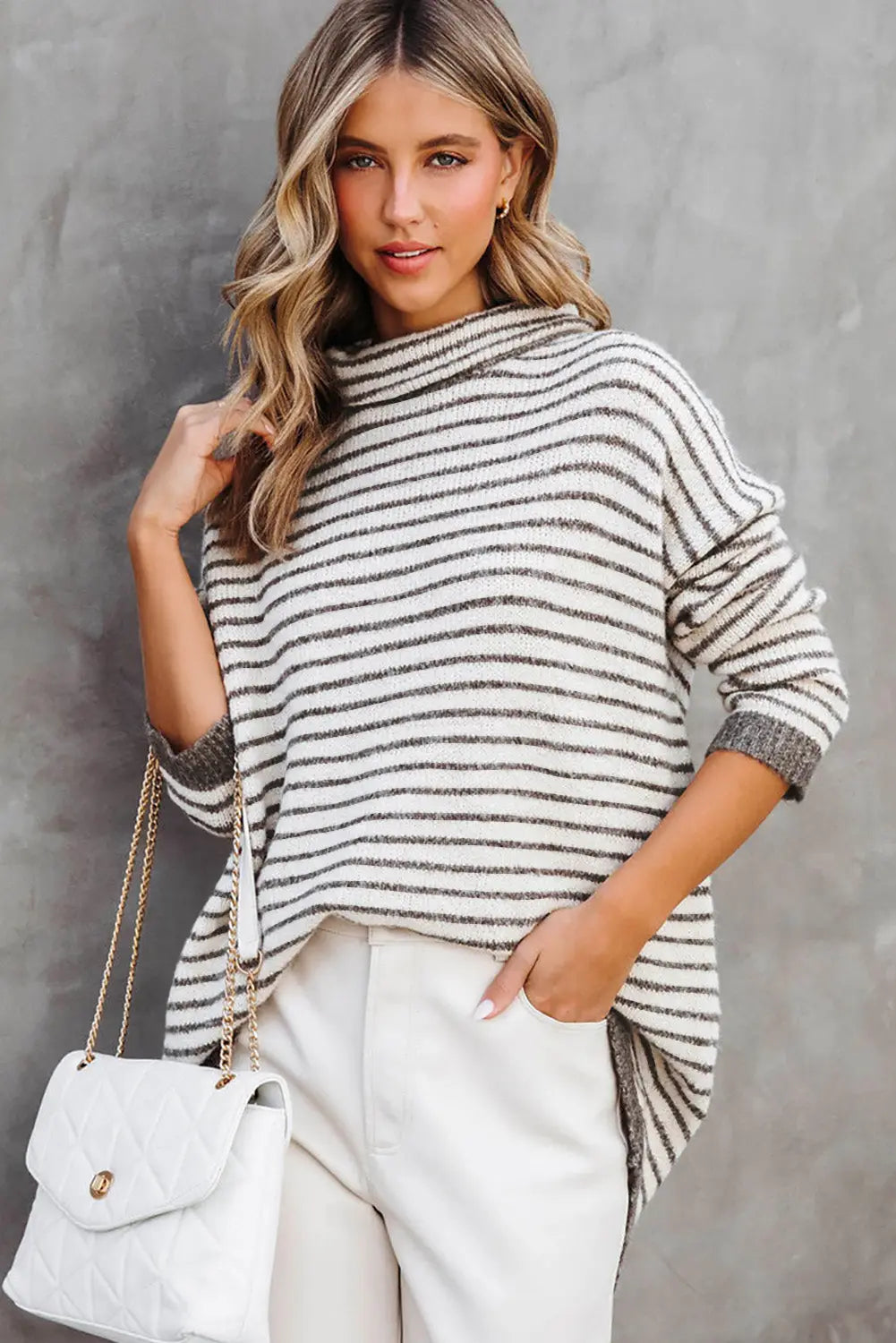 Khaki striped turtleneck loose sweater - sweaters & cardigans