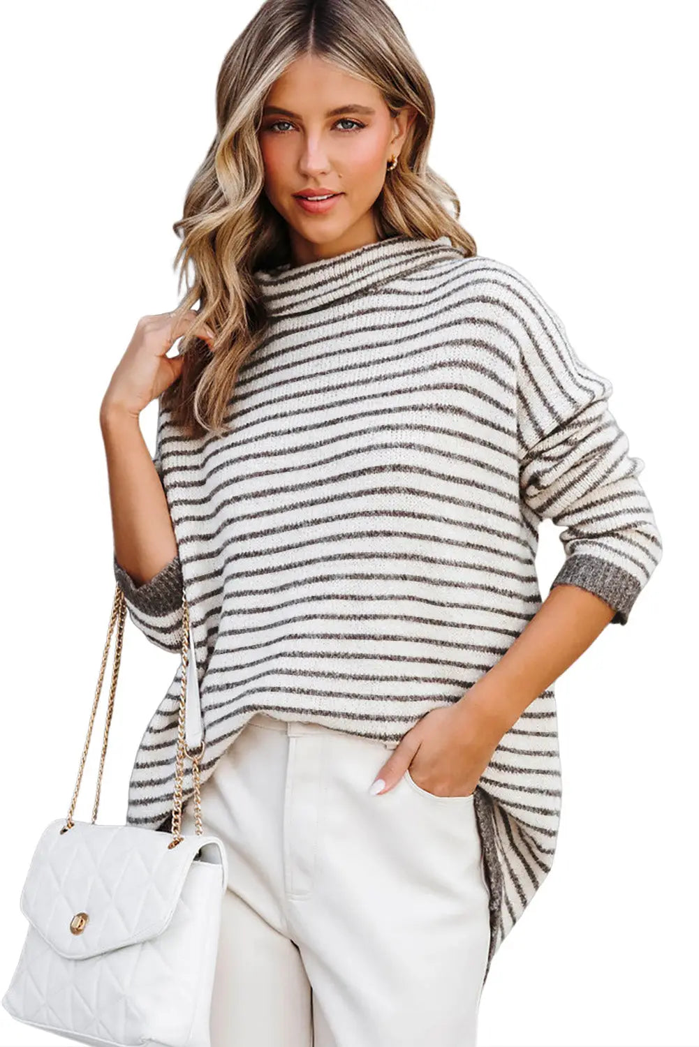 Khaki striped turtleneck loose sweater - sweaters & cardigans