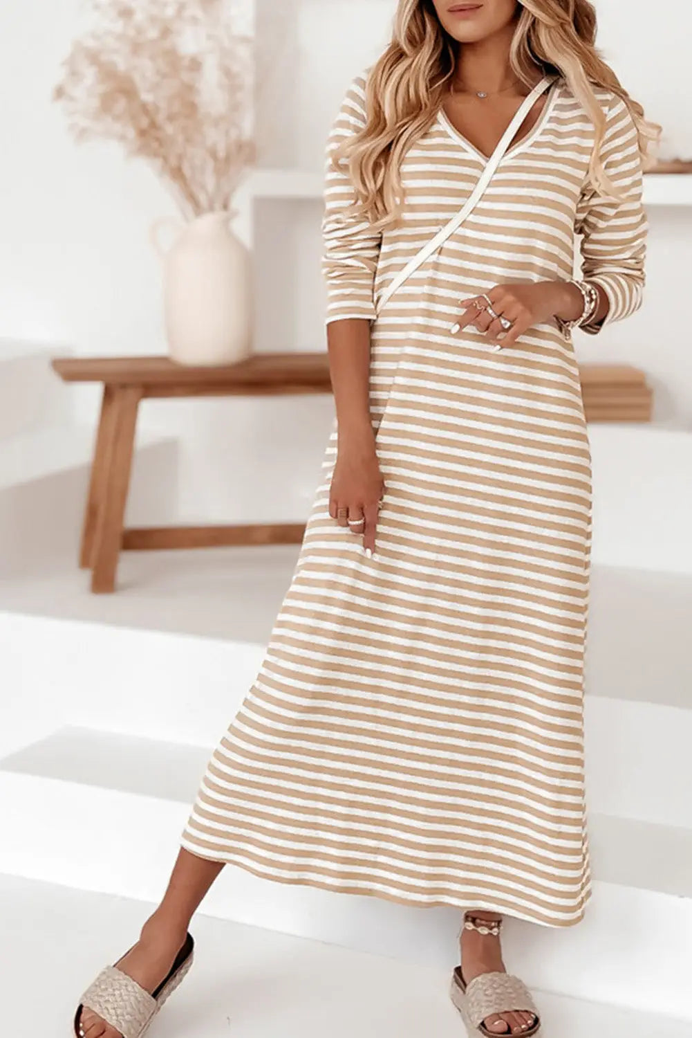 Khaki striped v-neck long sleeve casual dress - s / 95% polyester + 5% elastane - maxi dresses