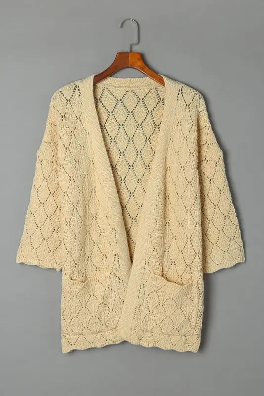 Khaki textured pocket knit open front cardigan - sweaters & cardigans