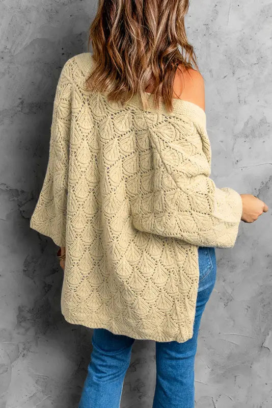 Khaki textured pocket knit open front cardigan - sweaters & cardigans