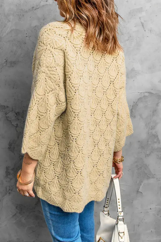 Khaki textured pocket knit open front cardigan - sweaters & cardigans