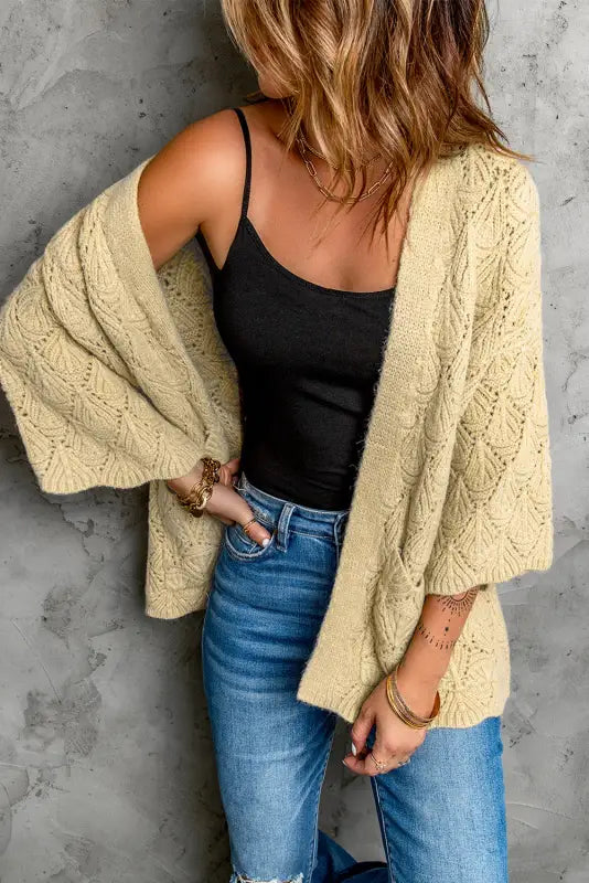 Khaki textured pocket knit open front cardigan - sweaters & cardigans