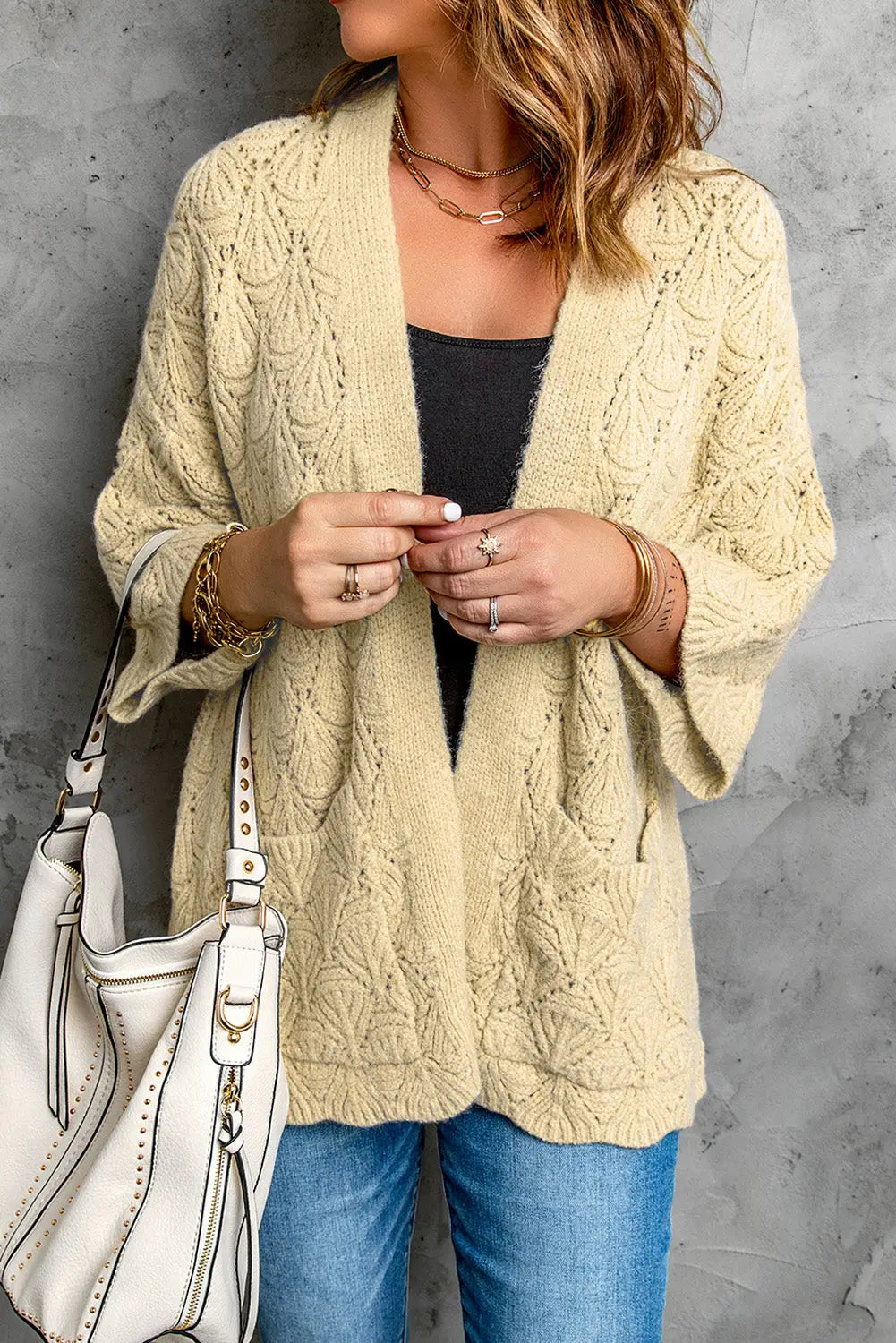 Khaki textured pocket knit open front cardigan - s / 60% acrylic + 40% polyamide - sweaters & cardigans