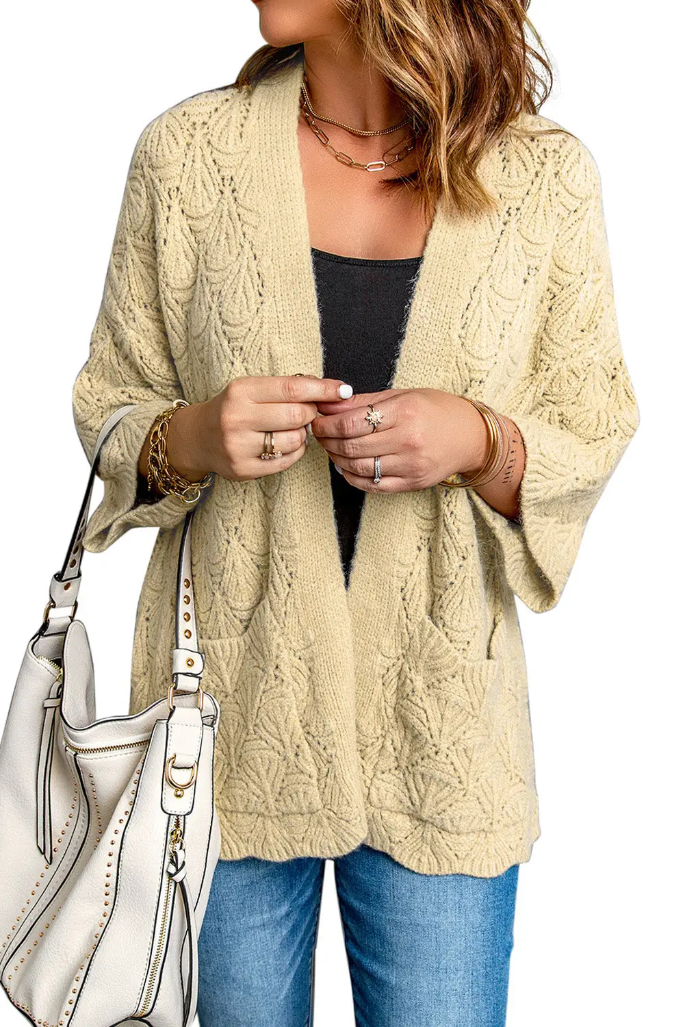 Khaki textured pocket knit open front cardigan - sweaters & cardigans