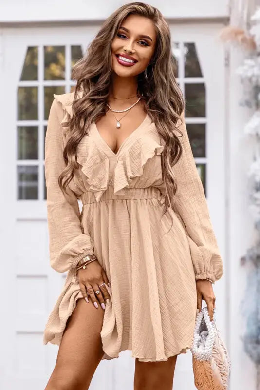 Khaki textured ruffled v neck high waist mini dress - dresses