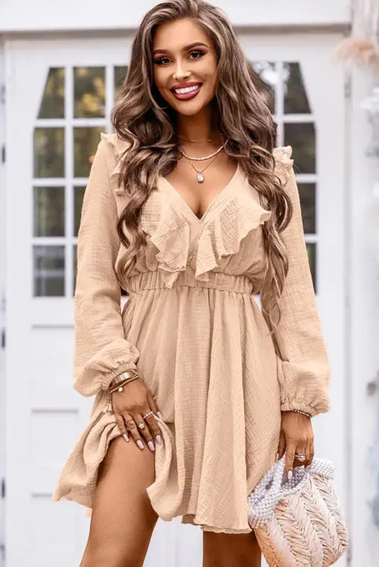 Khaki textured ruffled v neck high waist mini dress - dresses