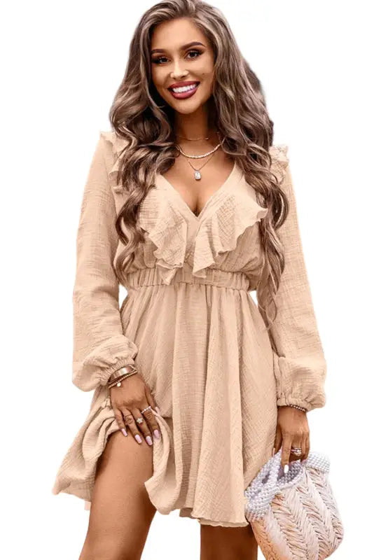 Khaki textured ruffled v neck high waist mini dress - dresses