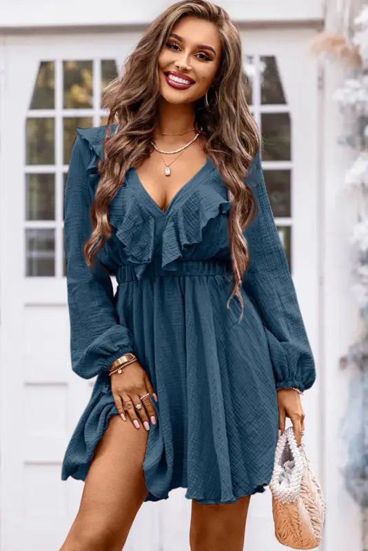 Khaki textured ruffled v neck high waist mini dress - dresses