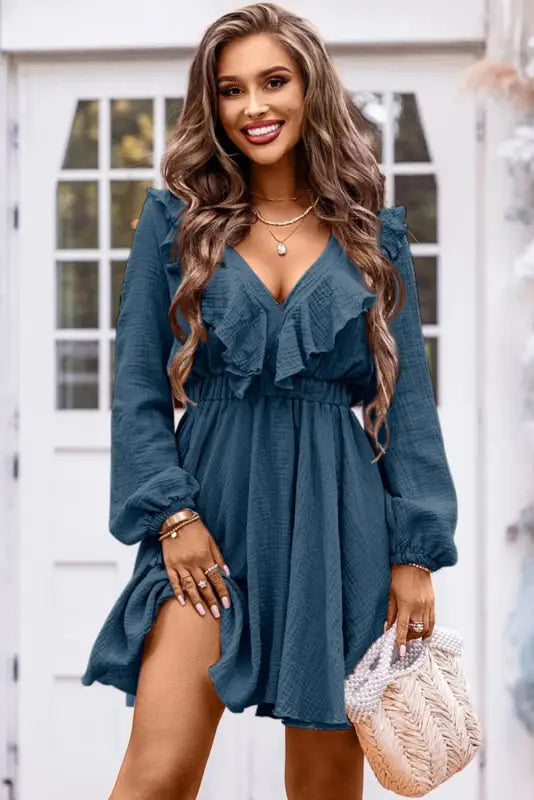 Khaki textured ruffled v neck high waist mini dress - dresses