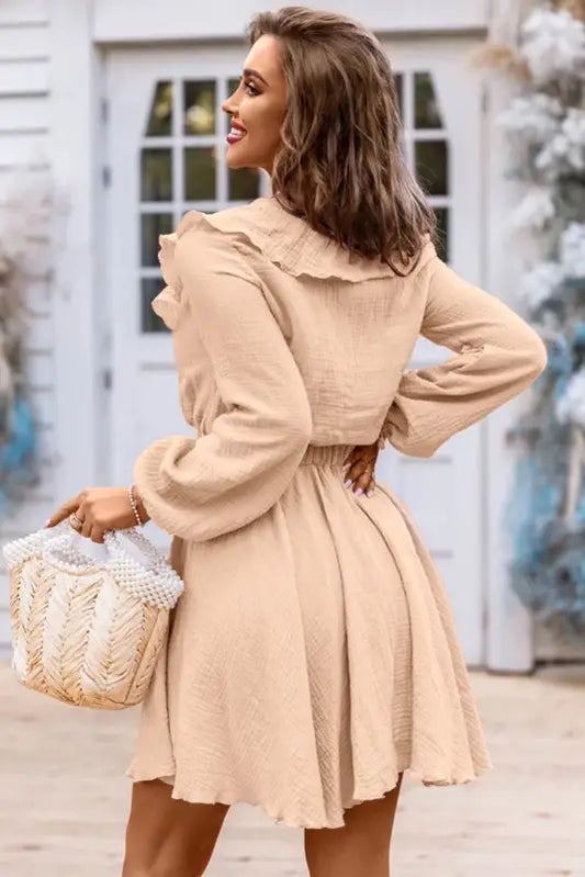 Khaki textured ruffled v neck high waist mini dress - dresses