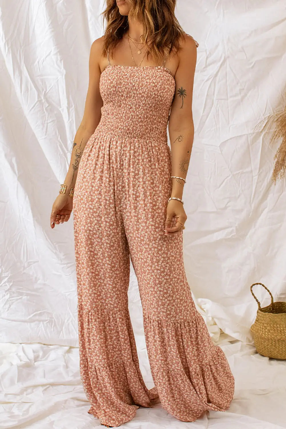 Khaki thin straps smocked bodice wide leg floral jumpsuit - xs / 100% polyester - bottoms