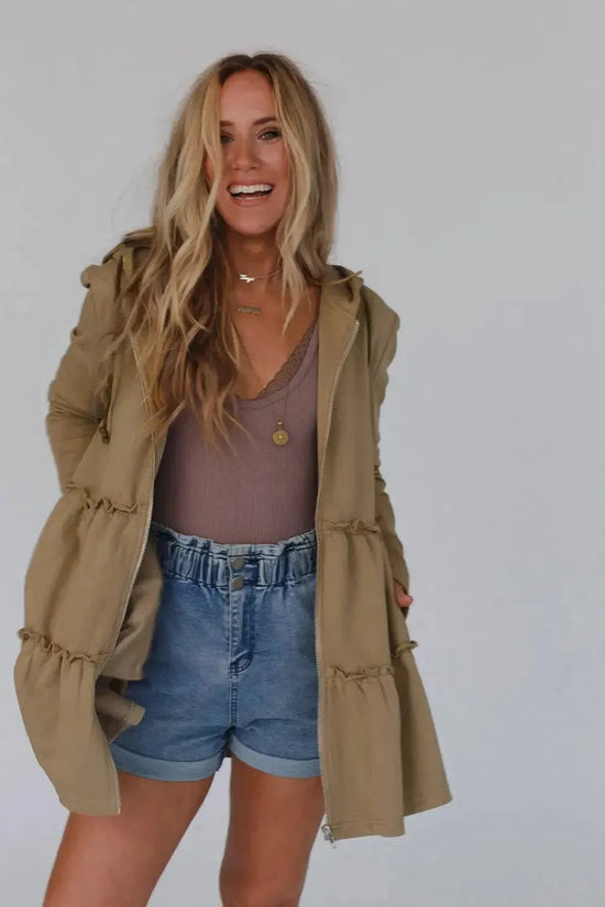 Khaki Tiered Ruffled Zip-Up Drawstring Hooded Jacket - Fashionfitz