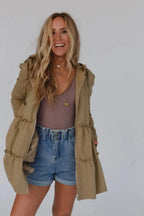 Khaki Tiered Ruffled Zip-Up Drawstring Hooded Jacket - Fashionfitz