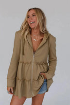 Khaki Tiered Ruffled Zip-Up Drawstring Hooded Jacket - Fashionfitz
