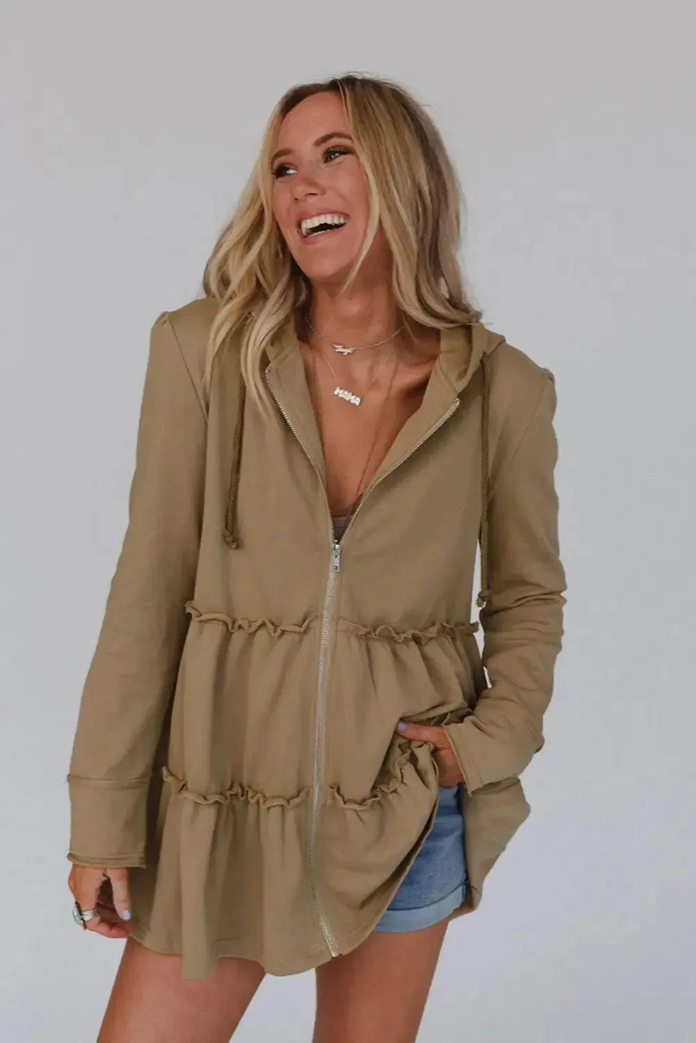 Khaki Tiered Ruffled Zip-Up Drawstring Hooded Jacket - Fashionfitz