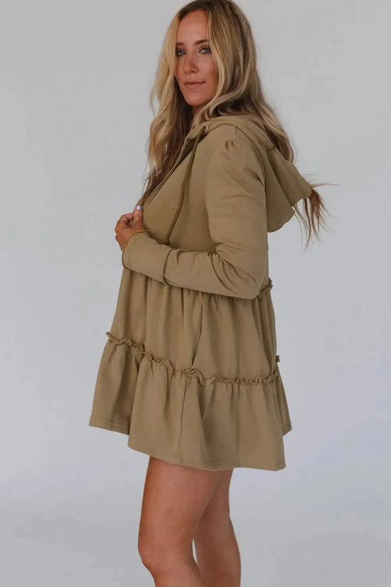 Khaki Tiered Ruffled Zip-Up Drawstring Hooded Jacket - Fashionfitz