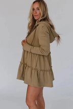 Khaki Tiered Ruffled Zip-Up Drawstring Hooded Jacket - Fashionfitz
