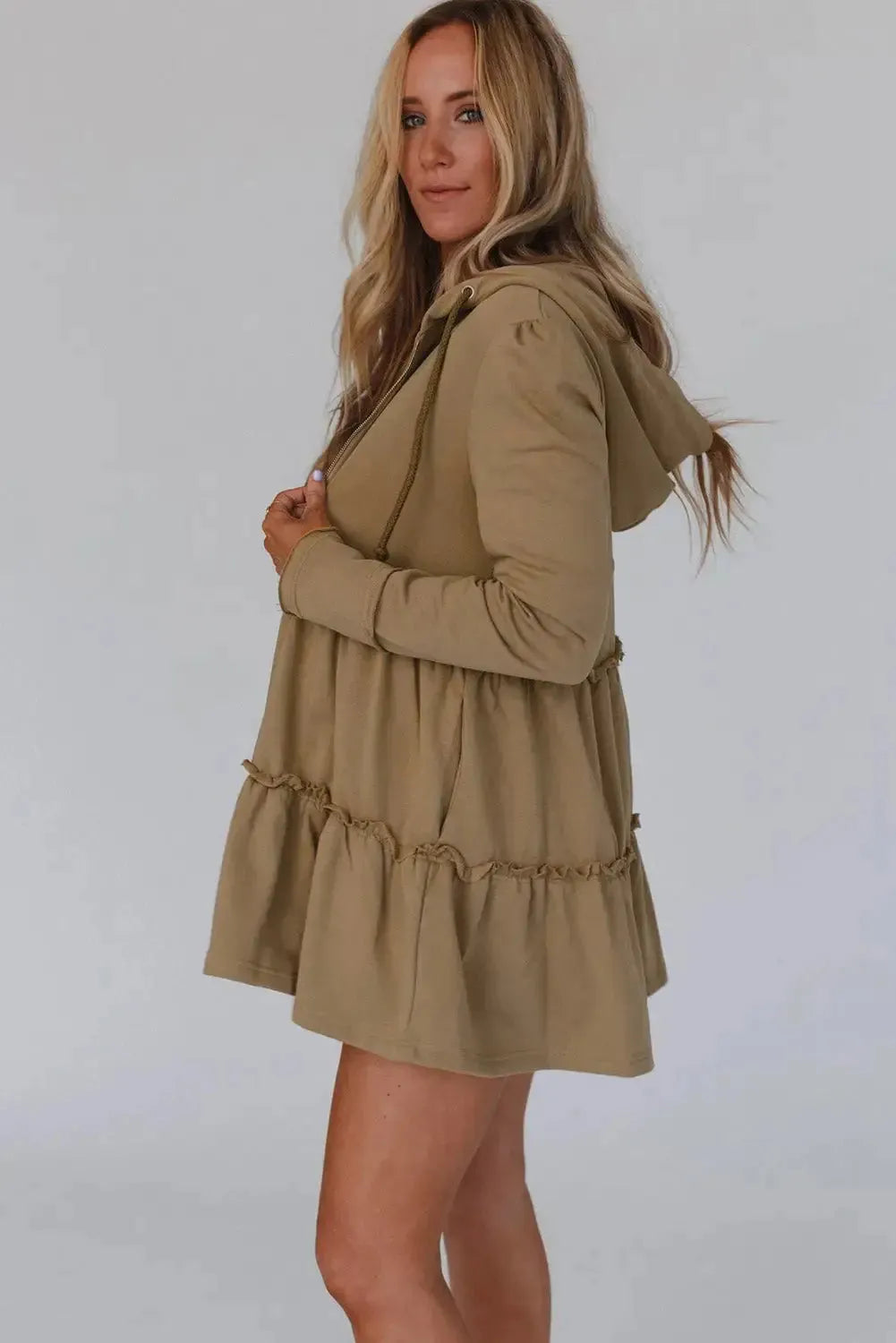 Khaki Tiered Ruffled Zip-Up Drawstring Hooded Jacket - Fashionfitz