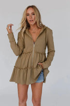 Khaki Tiered Ruffled Zip-Up Drawstring Hooded Jacket - Fashionfitz