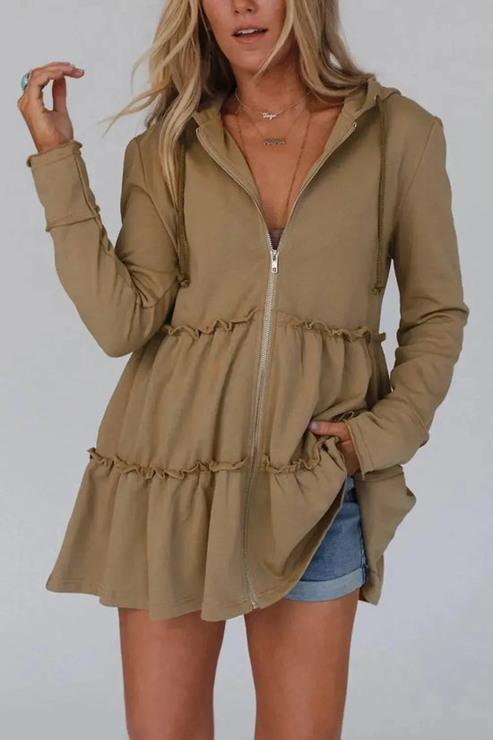 Khaki Tiered Ruffled Zip-Up Drawstring Hooded Jacket - Fashionfitz