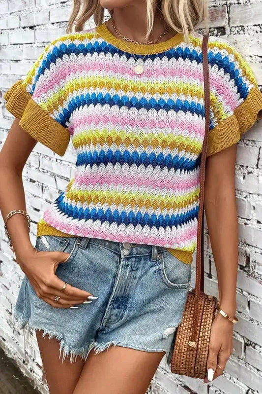 Khaki Trimmed Ruffle Sleeve Colorful Textured Sweater - Fashionfitz