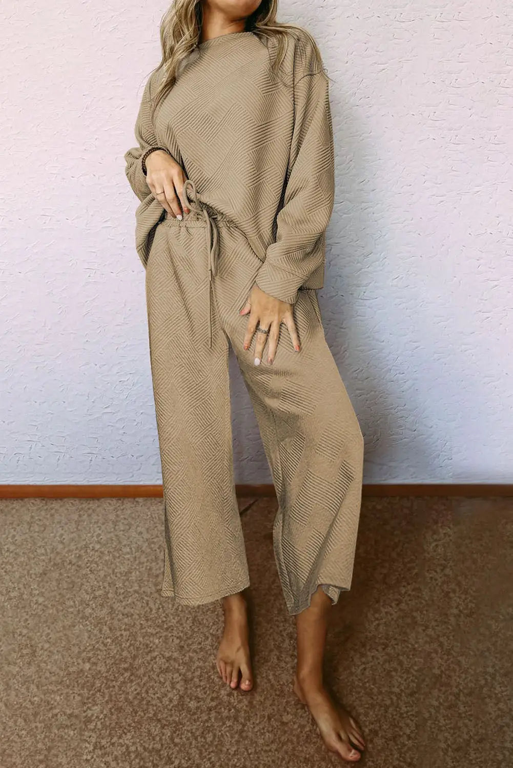 Khaki ultra loose textured 2pcs slouchy outfit - apricot / 2xl 95% polyester + 5% elastane pants sets